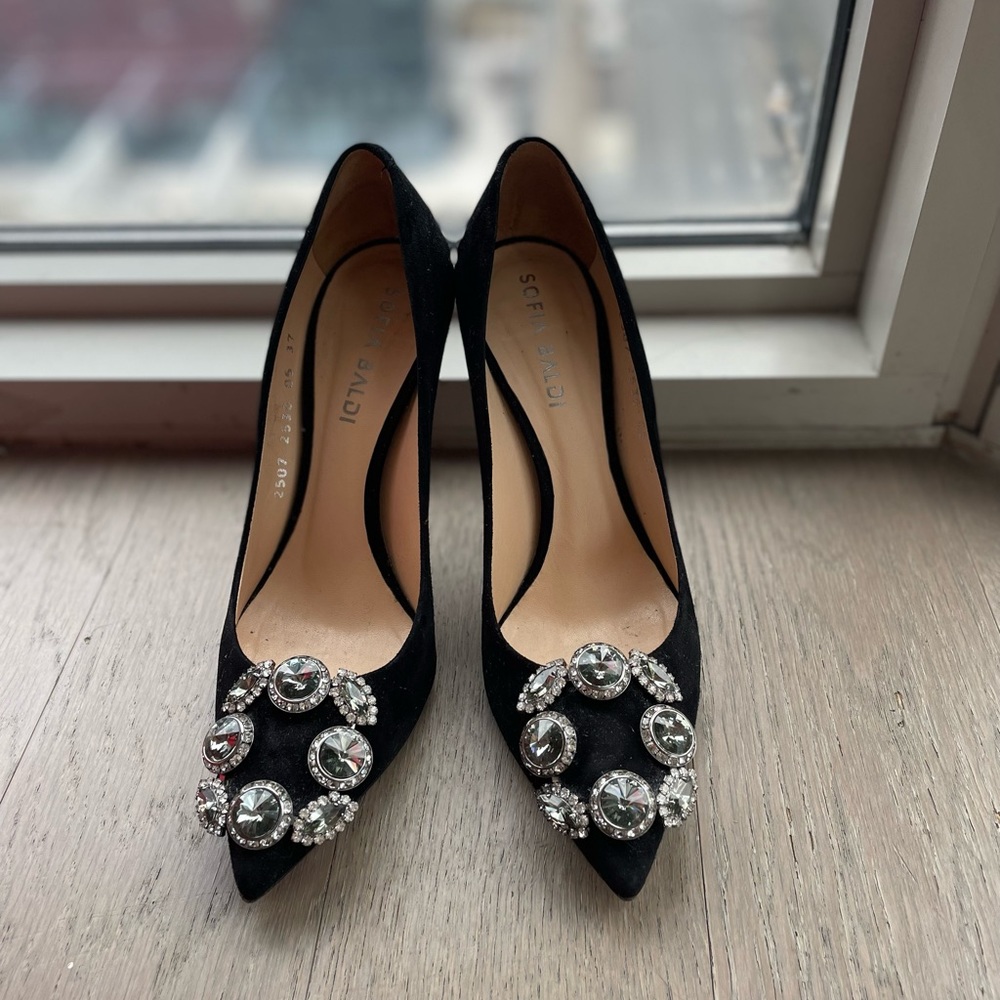 Italian high heel shoes with diamond embellishments.